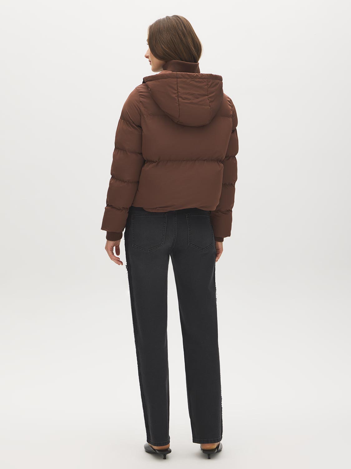 Brown Short Puffer Jacket with Hood - Back View - Suzy Shier