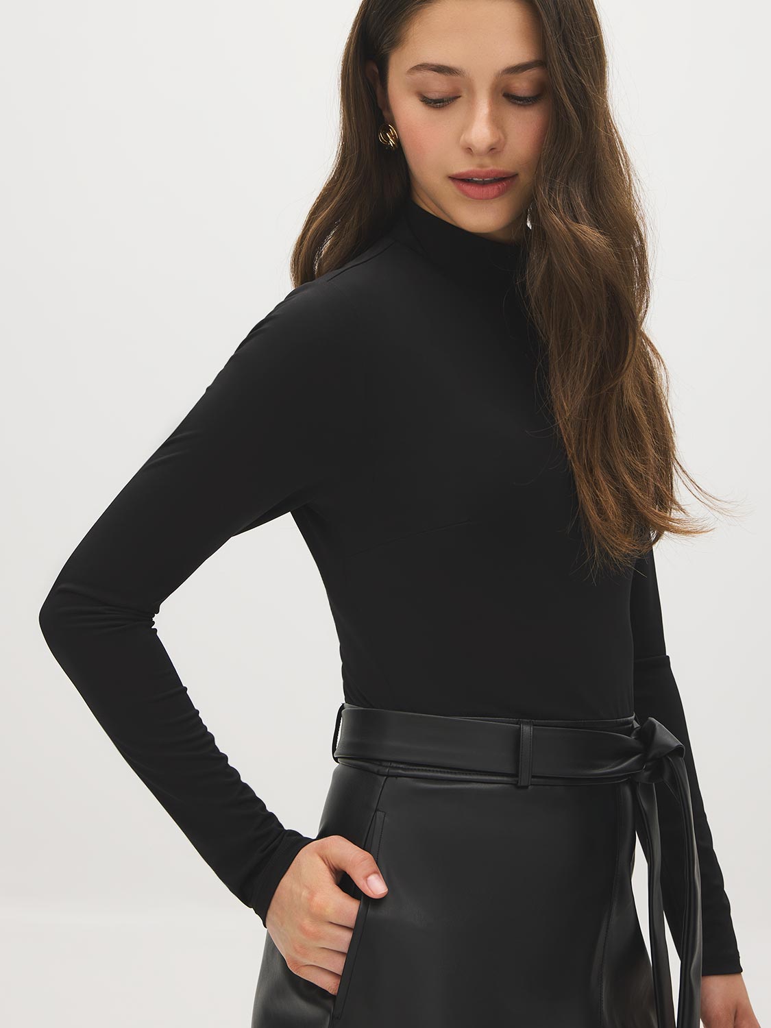 Jet Black Mock Neck Two-Fer Midi Dress - Side Profile View - Suzy Shier