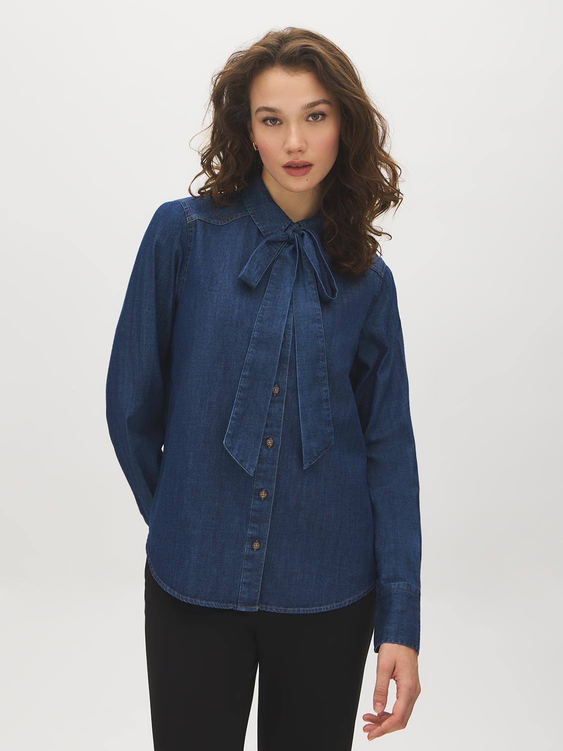 Dark Denim Wash Blouse with Removable Neck Tie - Woman Wearing Button Front Shirt - Suzy Shier