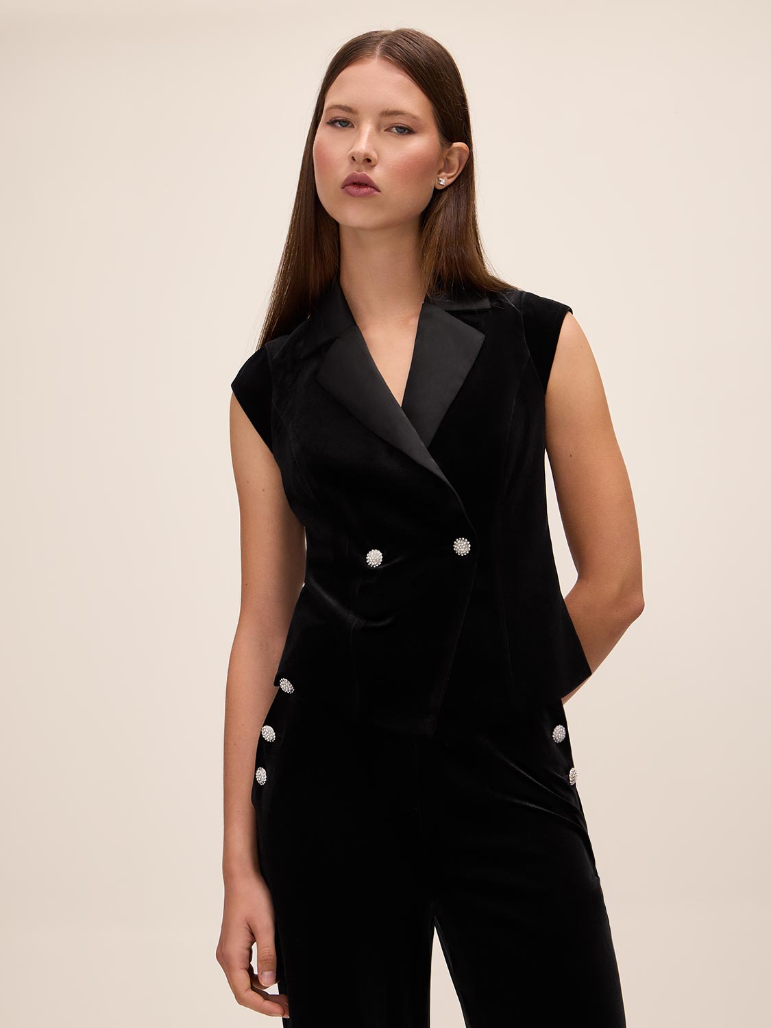 Black Tuxedo Velour Vest with Crystal Buttons - Front View - Le Chateau