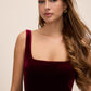 Burgundy Square Neck Velour Fit & Flare Cocktail Dress - Close-up Neckline Detail - Le Chateau