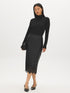 Black Faux Leather Midi Skirt with Lace Hem - Woman Wearing Pull-On Straight Skirt - Suzy Shier