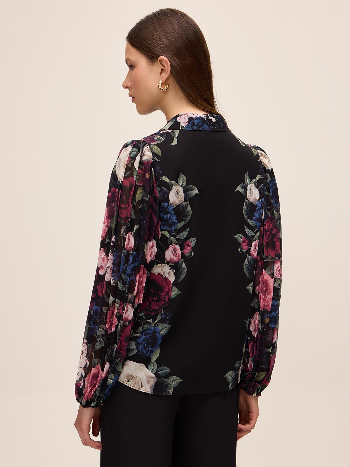 Black Print Placement Floral Blouse - Back View - Le Chateau