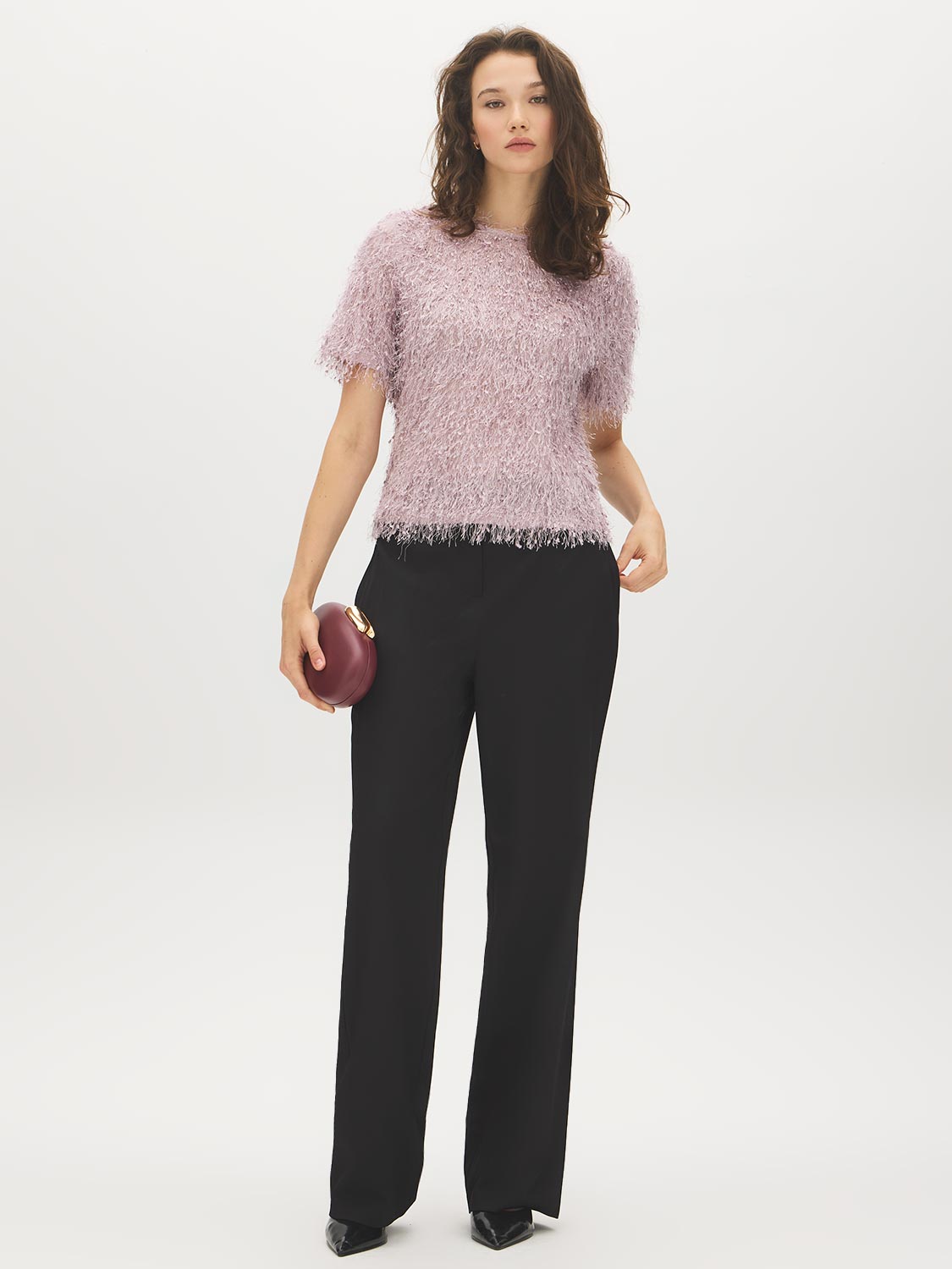 Violet Shadow Fuzzy Knit Crew Neck Top - Front View - Suzy Shier