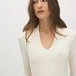 Egret Ribbed Deep V-Neck Stretch Jersey Top - Close-up Fabric Detail - Suzy Shier