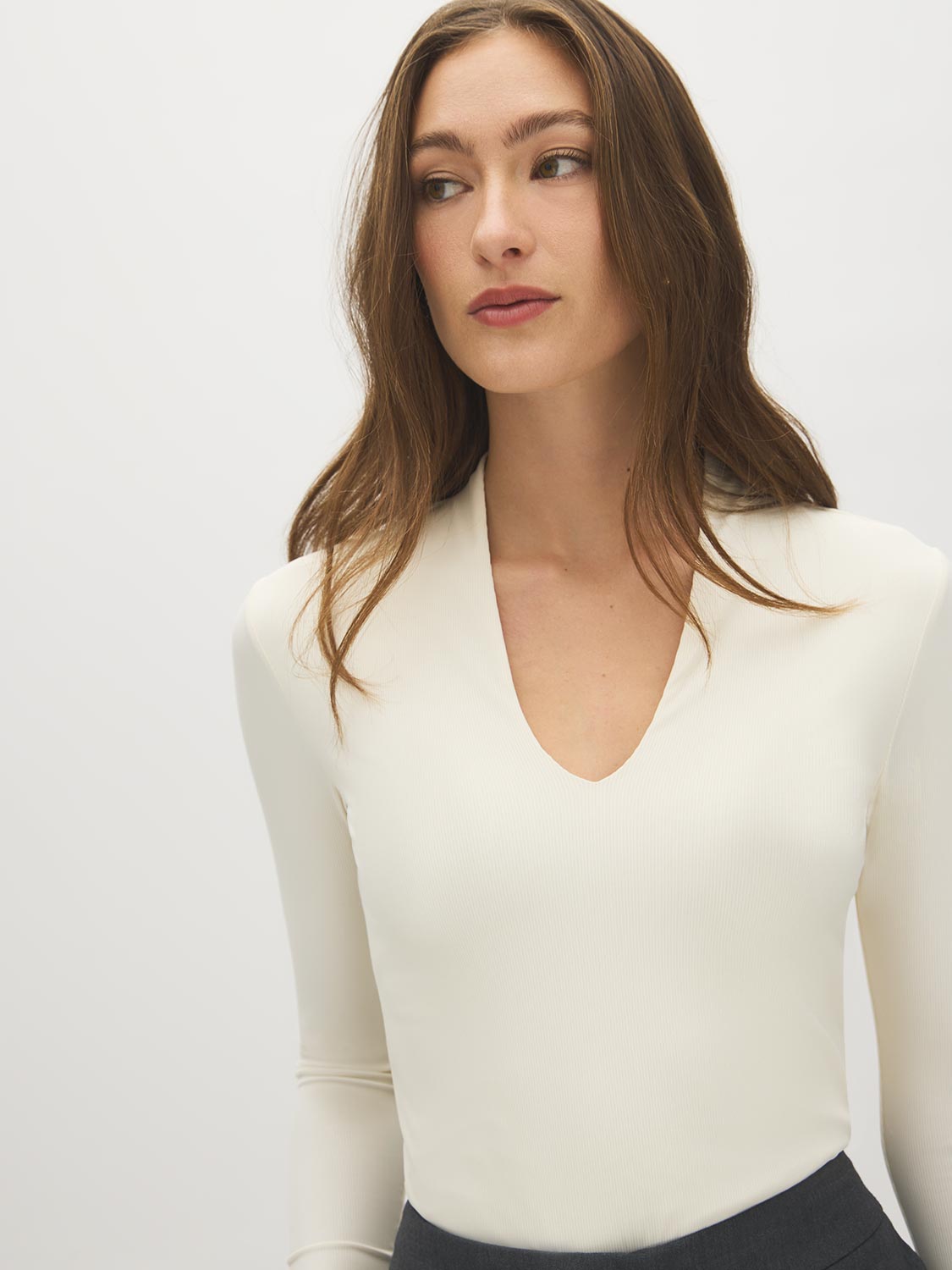 Egret Ribbed Deep V-Neck Stretch Jersey Top - Close-up Fabric Detail - Suzy Shier