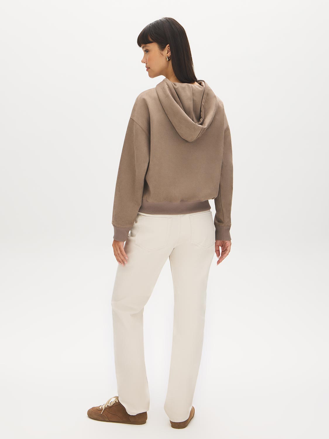 Wood Hooded Faux Suede Sweatshirt with Front Pocket - Back View - Suzy Shier