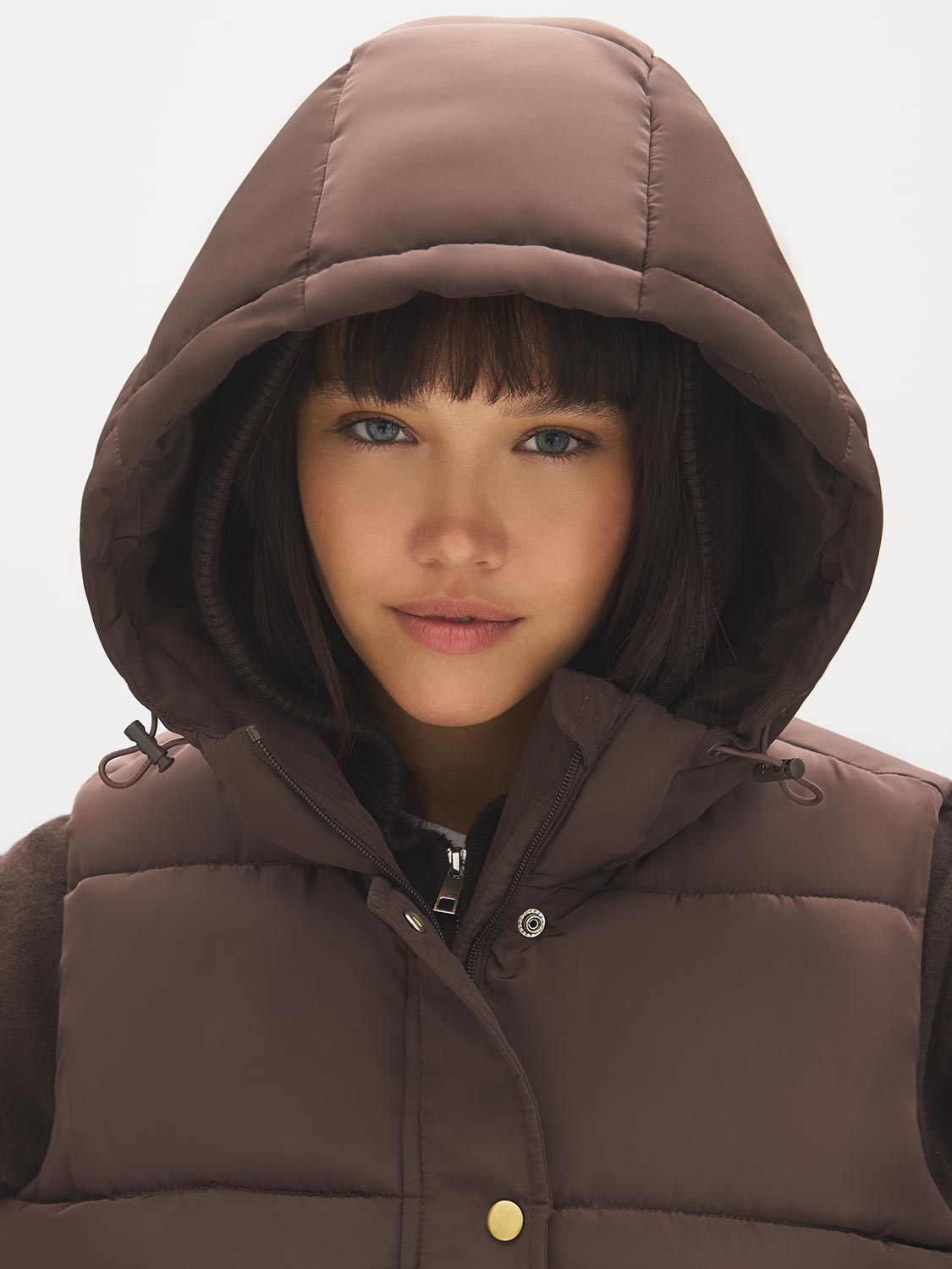 Brown Quilted Puffer Vest with Hood - Hood Detail - Suzy Shier