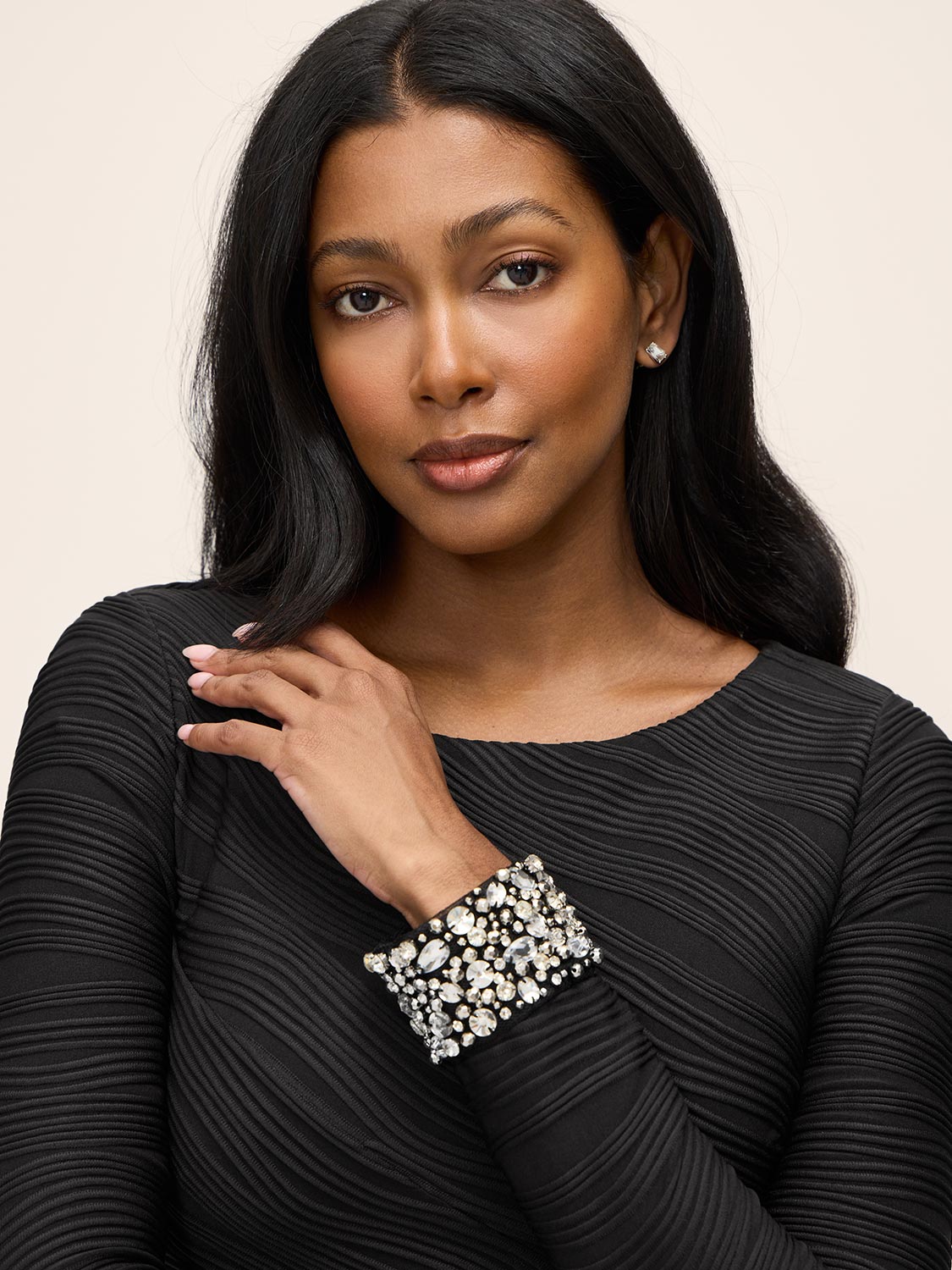 Black Textured Jacquard Boat Neck Sheath Dress - Cuff Detail - Le Chateau