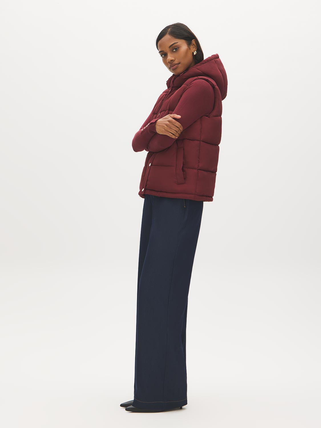 Red Quilted Puffer Vest with Hood - Hood Detail - Suzy Shier