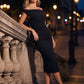 Black Asymmetric Neckline Sheath Dress - Woman Wearing Elegant Ruching Detail Dress - Le Chateau