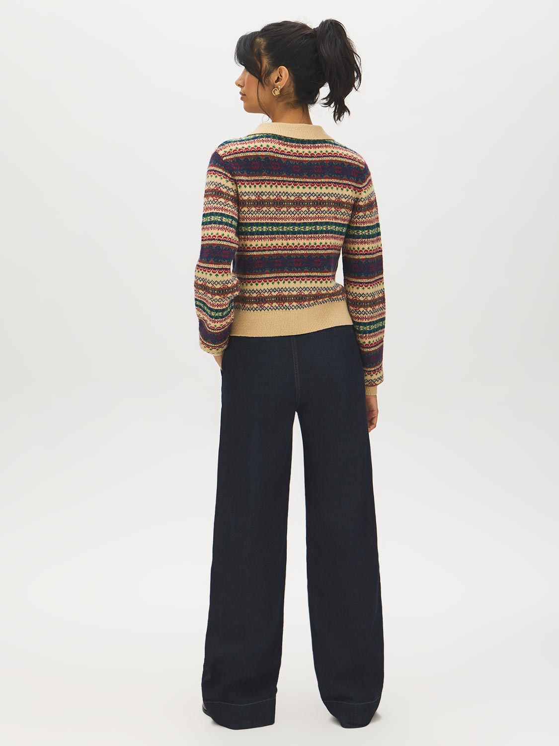 Green/Blue/Beige Multi-Color Jacquard Button-Front Sweater - Back View - Suzy Shier