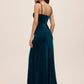 Teal Velour V-Neck Gown with Boning Detail - Back View - Le Chateau