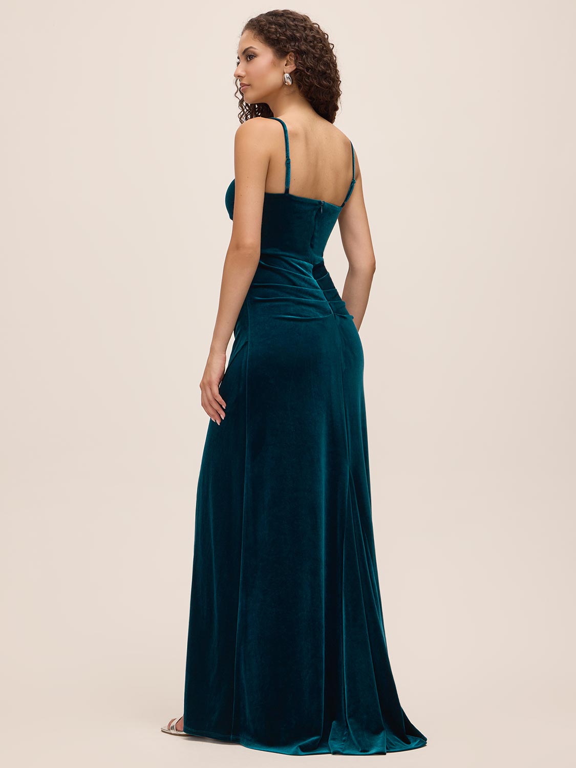 Teal Velour V-Neck Gown with Boning Detail - Back View - Le Chateau