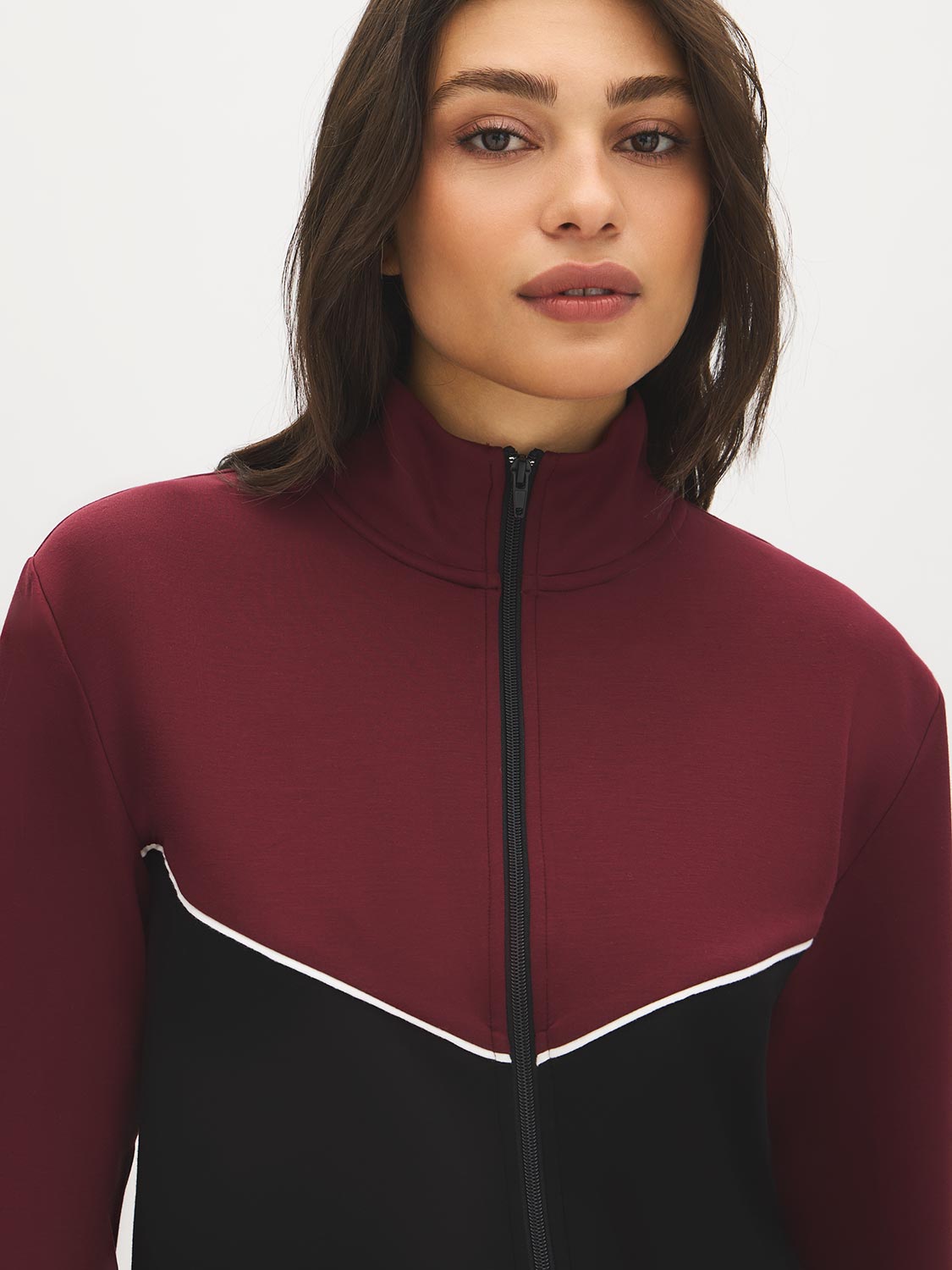 Zinfandel and Jet Black Color Block Fleece Jacket - Close-up Fabric Detail - Suzy Shier
