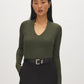 Guacamole Deep V-Neck Ribbed Knit Top - Woman Wearing Long Sleeve Stretch Jersey - Suzy Shier