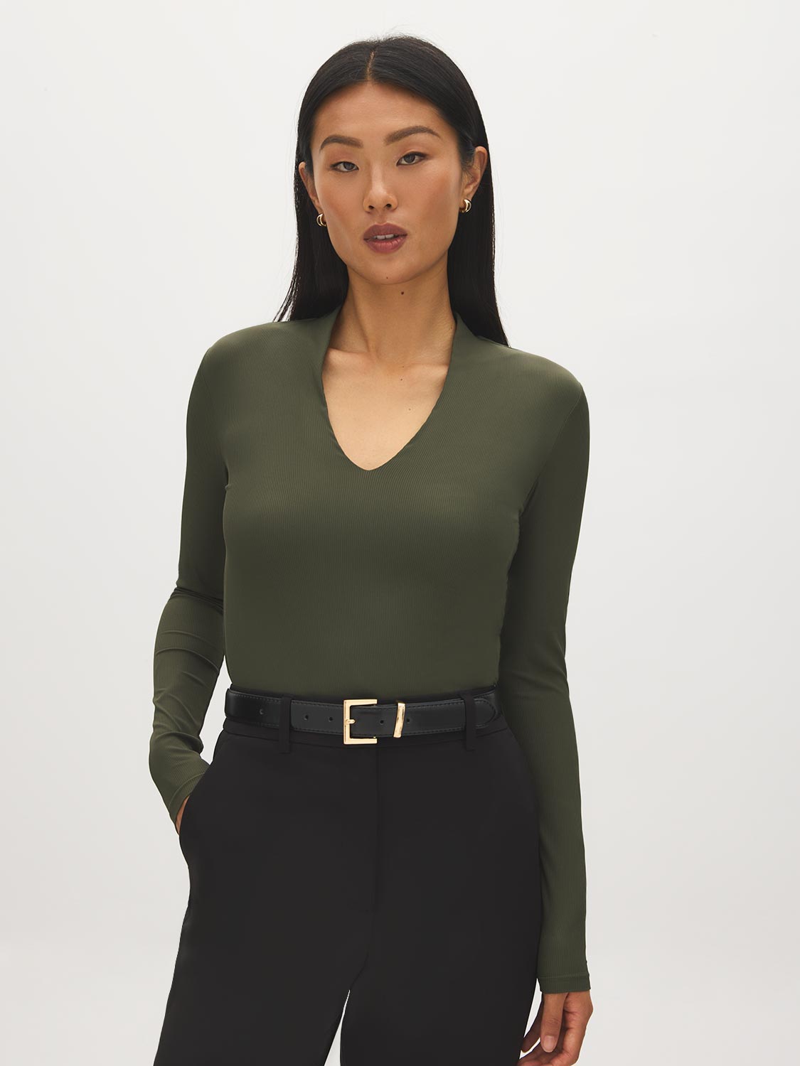 Guacamole Deep V-Neck Ribbed Knit Top - Woman Wearing Long Sleeve Stretch Jersey - Suzy Shier