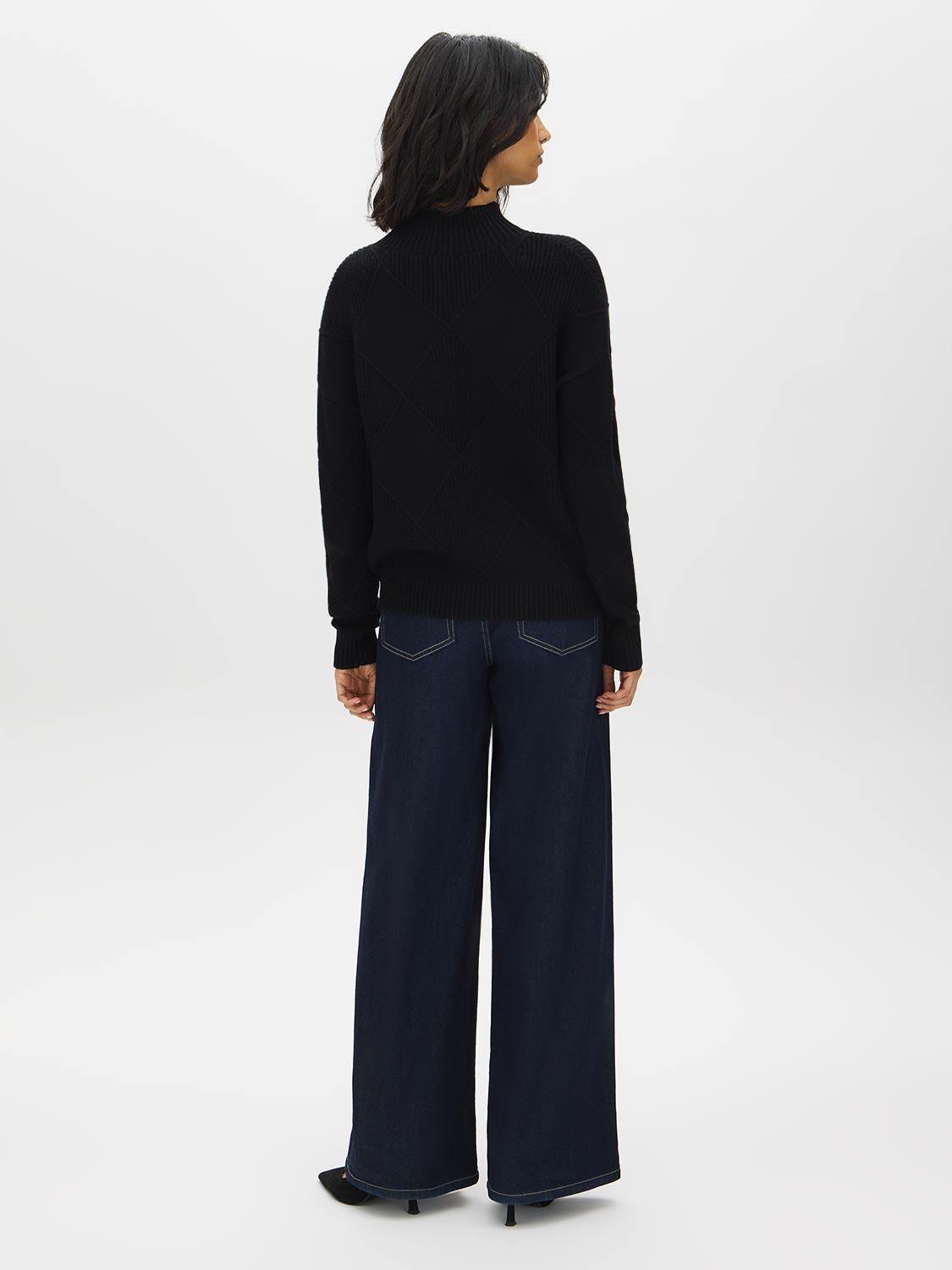 Black Mock Neck Sweater with Diamond Pattern - Back View - Suzy Shier