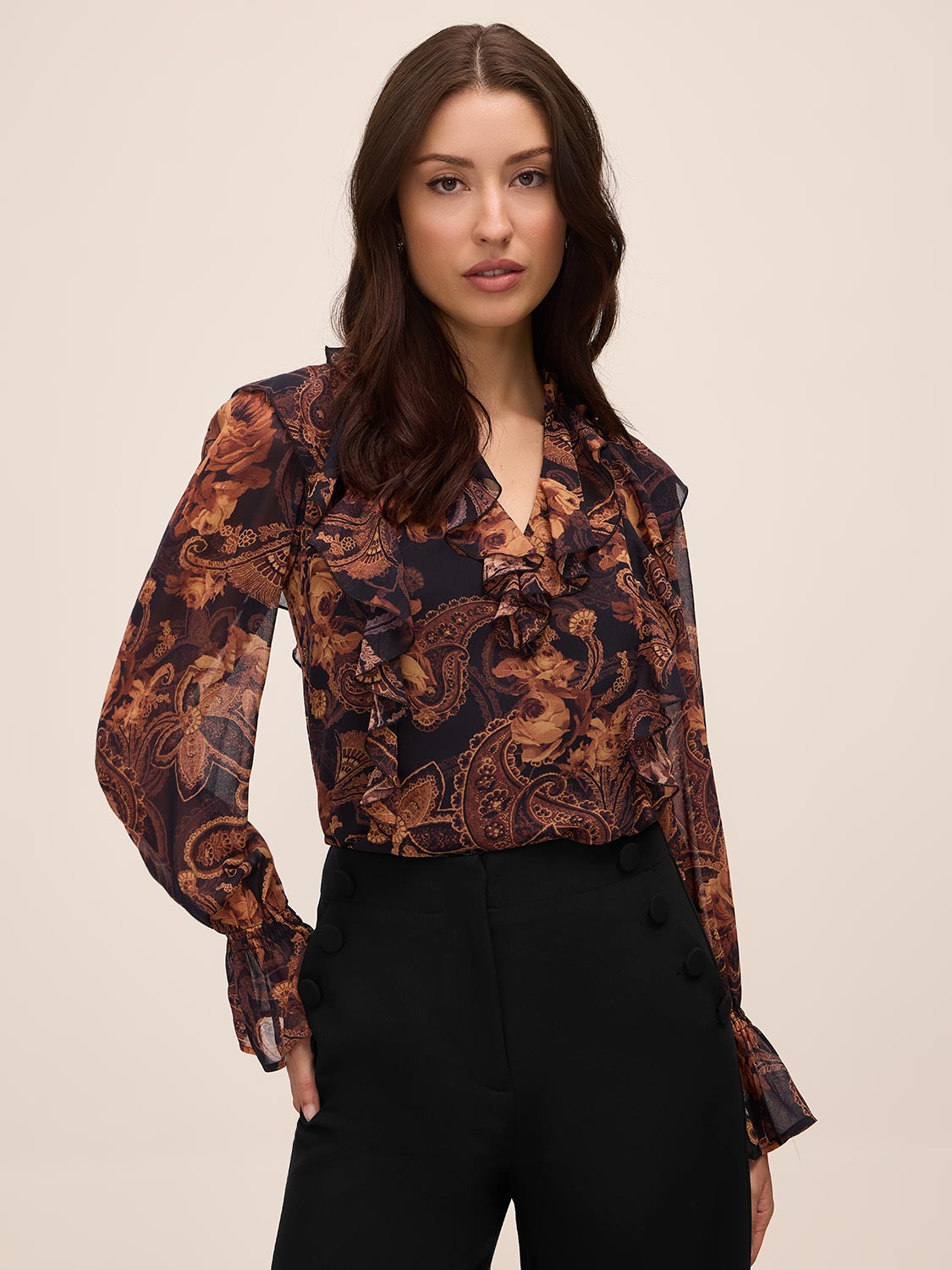 Black/Toffee Paisley Ruffle Blouse - Front View - Le Chateau