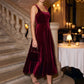 Burgundy Square Neck Velour Fit & Flare Cocktail Dress - Woman Wearing Sleeveless Evening Dress - Le Chateau