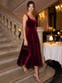 Burgundy Square Neck Velour Fit & Flare Cocktail Dress - Woman Wearing Sleeveless Evening Dress - Le Chateau