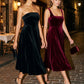 Black Velour Strapless Fit & Flare Dress - Woman Wearing Elegant Evening Dress with Pockets - Le Chateau