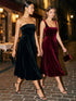 Black Velour Strapless Fit & Flare Dress - Woman Wearing Elegant Evening Dress with Pockets - Le Chateau
