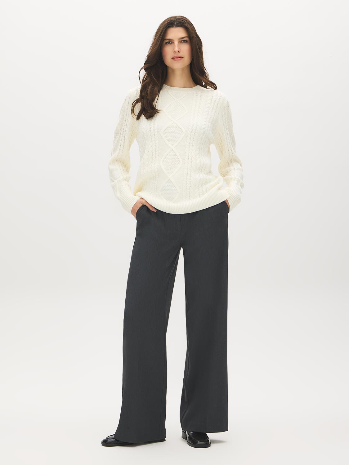 Rice Cable Knit Sweater with Side Slits - Front View - Suzy Shier