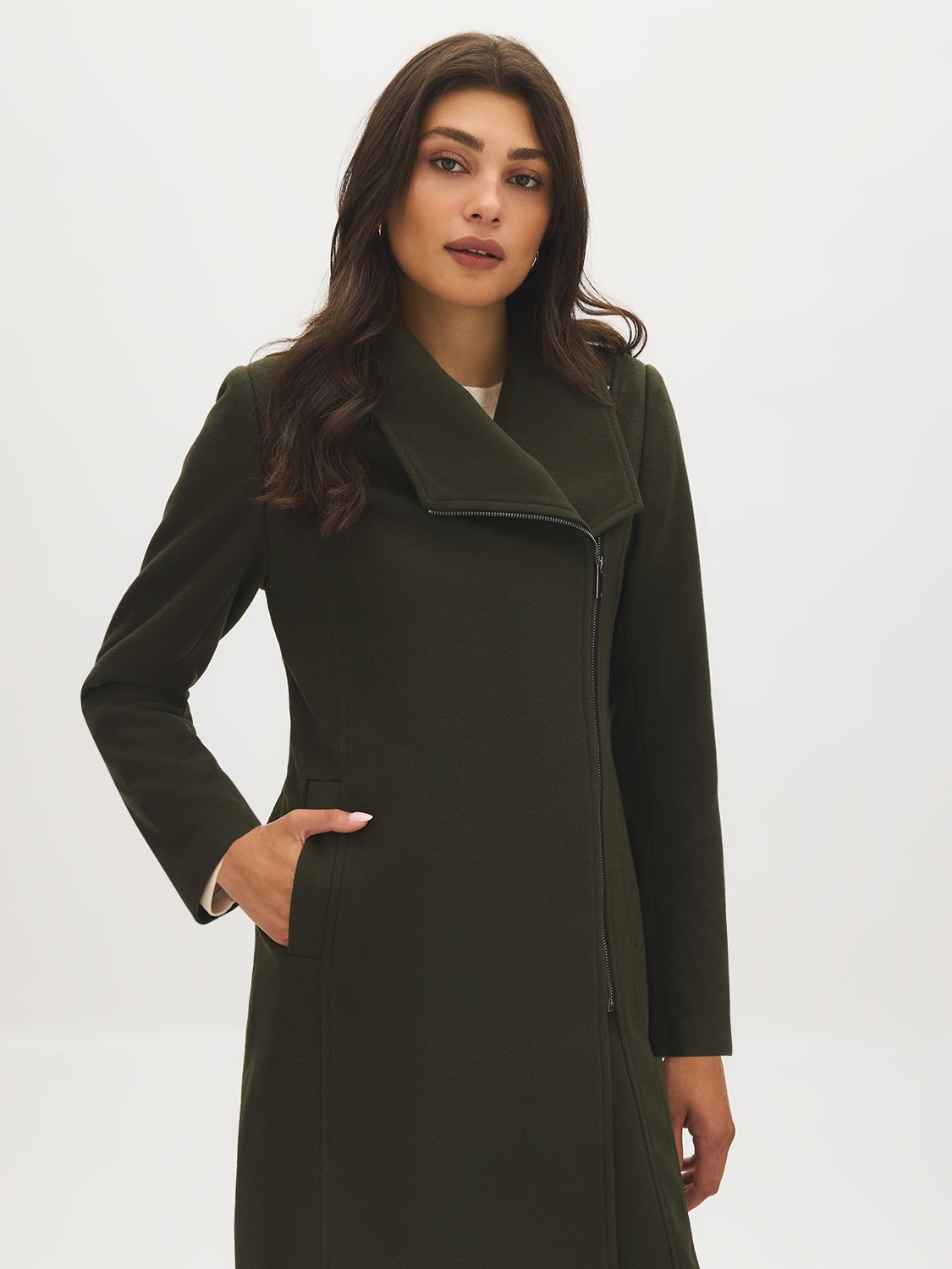 Olive Asymmetrical Zip Front Faux Wool Coat - Pocket Detail - Suzy Shier