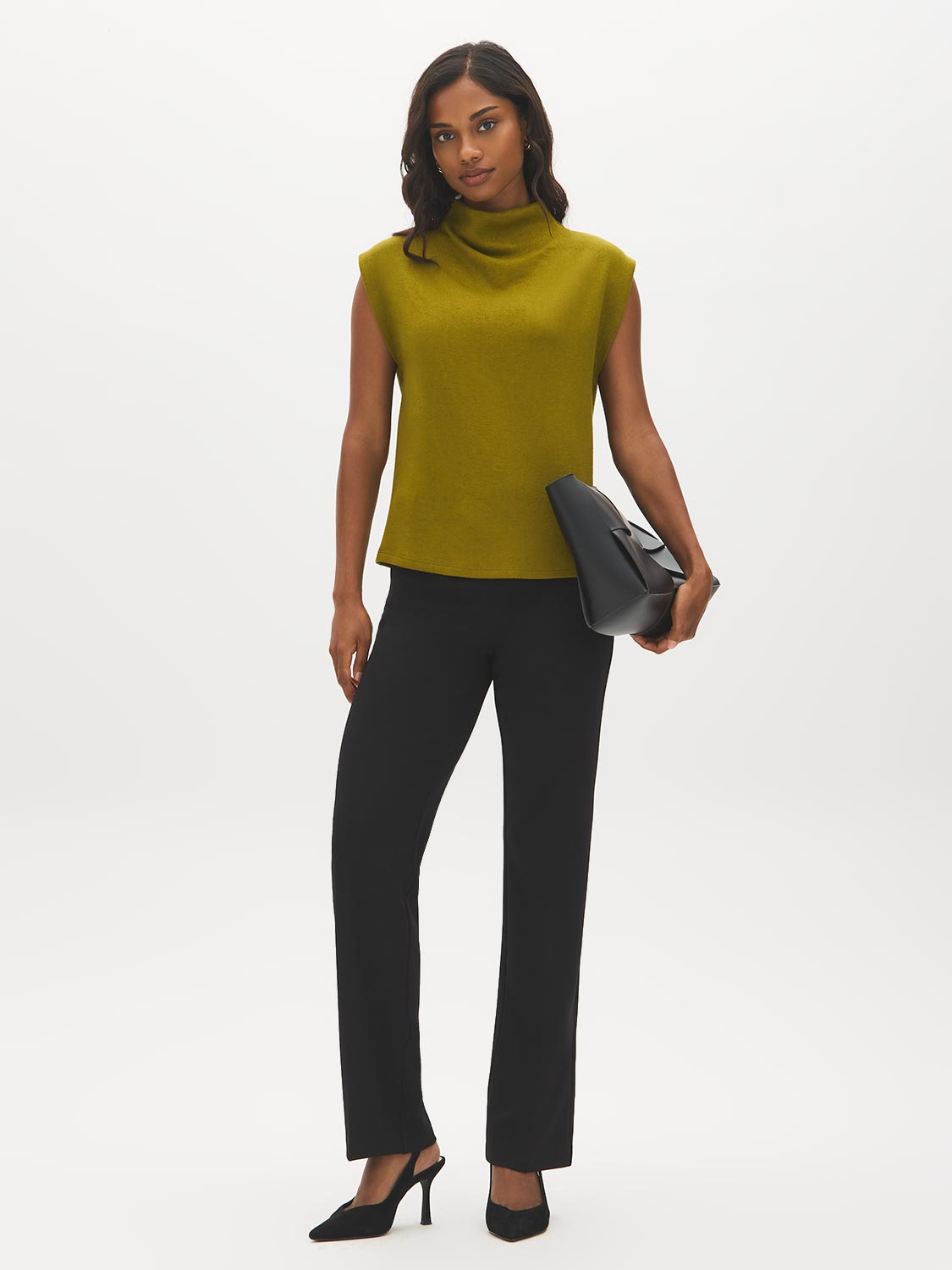 Black Pull-On Straight Leg Pants with Button Tabs - Woman Wearing Knit Trousers - Suzy Shier