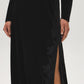 Black Lace Trim Velour Skirt with Front Slit - Slit Detail - Suzy Shier
