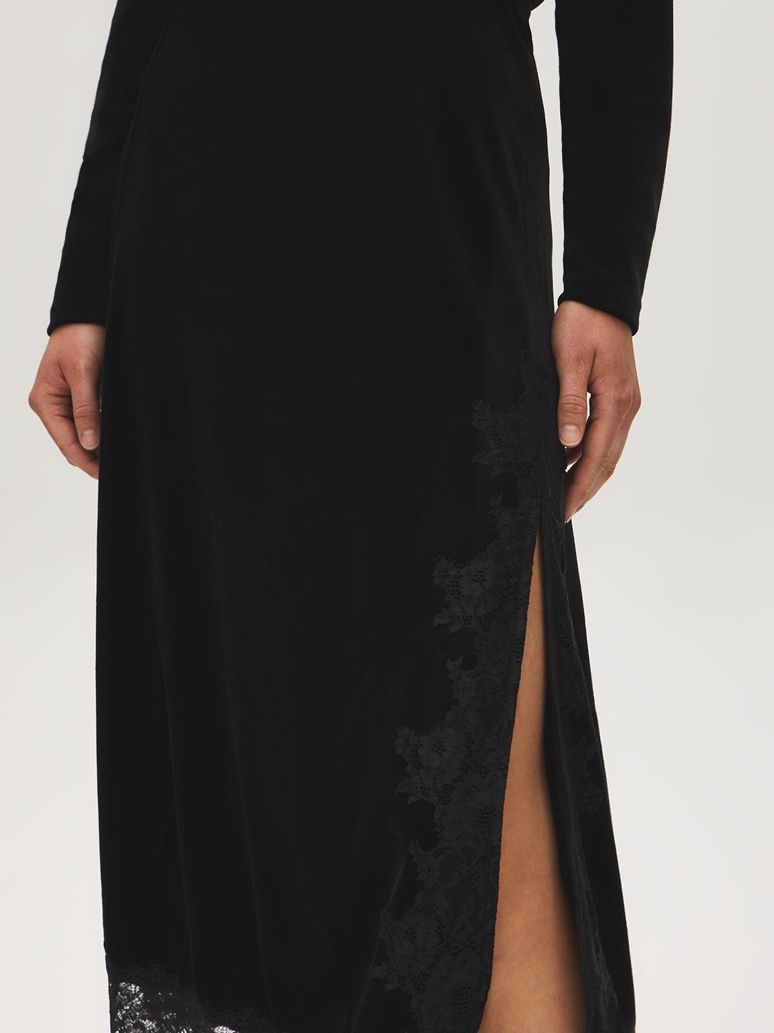 Black Lace Trim Velour Skirt with Front Slit - Slit Detail - Suzy Shier