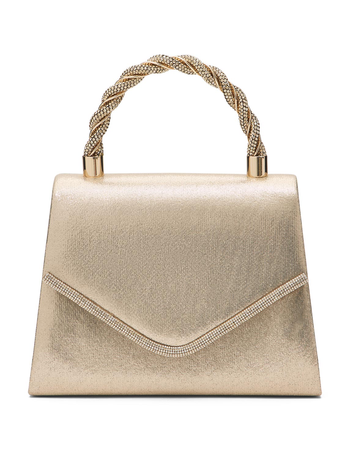 Gold Woven Lurex Bag with Jeweled Top Handle - Structured Evening Bag - Le Chateau