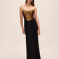 Black/Copper Sequin Bustier Dress with Draped Skirt - Front View - Le Chateau