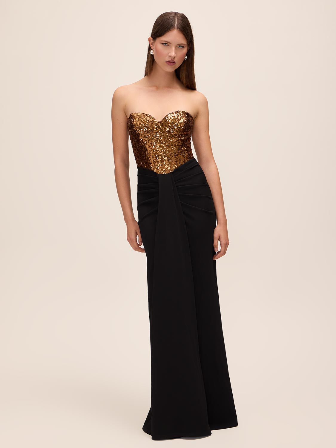 Black/Copper Sequin Bustier Dress with Draped Skirt - Front View - Le Chateau