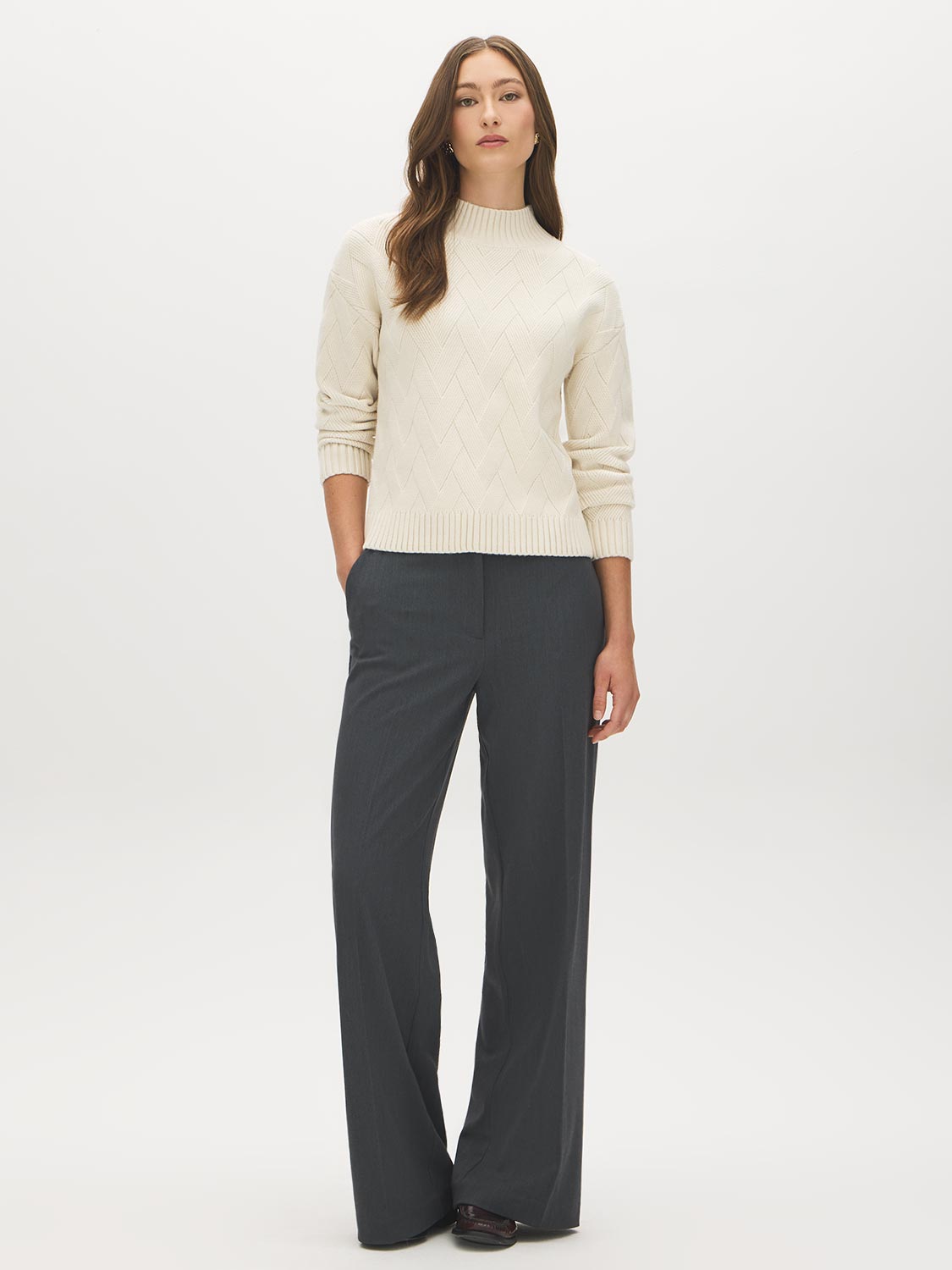 Cloud Gray Mock Neck Sweater with Diagonal Stitch Detail - Front View - Suzy Shier