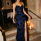 Midnight Blue Mesh Cowl Neck Gown with Floral Velvet Flocking - Woman Wearing Elegant Evening Dress - Le Chateau