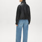 Black Vegan Leather Bomber Jacket with Funnel Neck - Back View - Suzy Shier