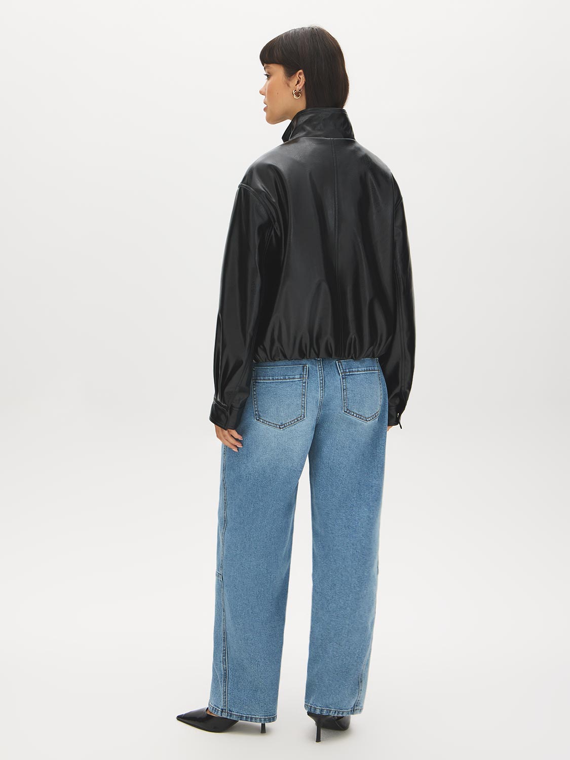 Black Vegan Leather Bomber Jacket with Funnel Neck - Back View - Suzy Shier