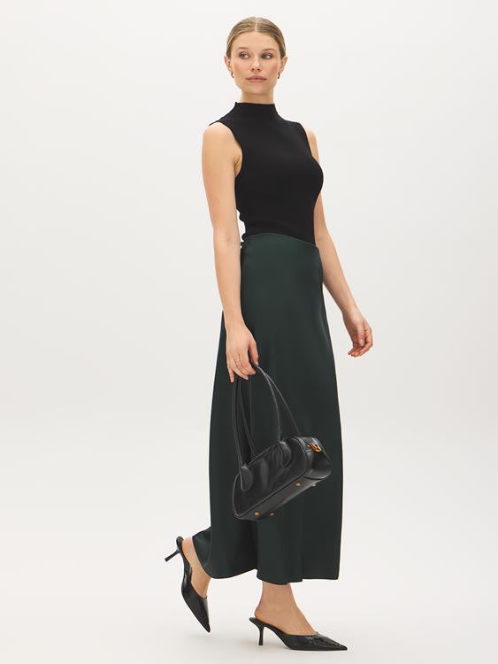 Scarab Satin Bias Cut Pull-On Skirt - Side Profile View - Suzy Shier