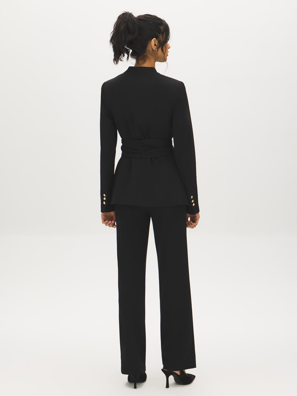 Black Collarless Knit Blazer with Sash Belt - Back View - Suzy Shier