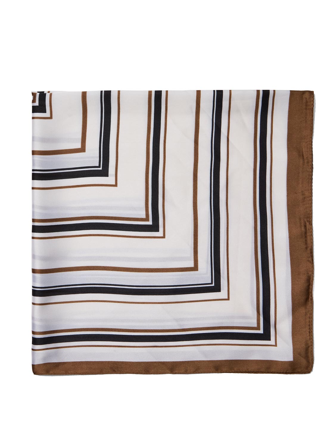 White and Taupe Striped Silk-Like Scarf - Flat Lay View - Suzy Shier