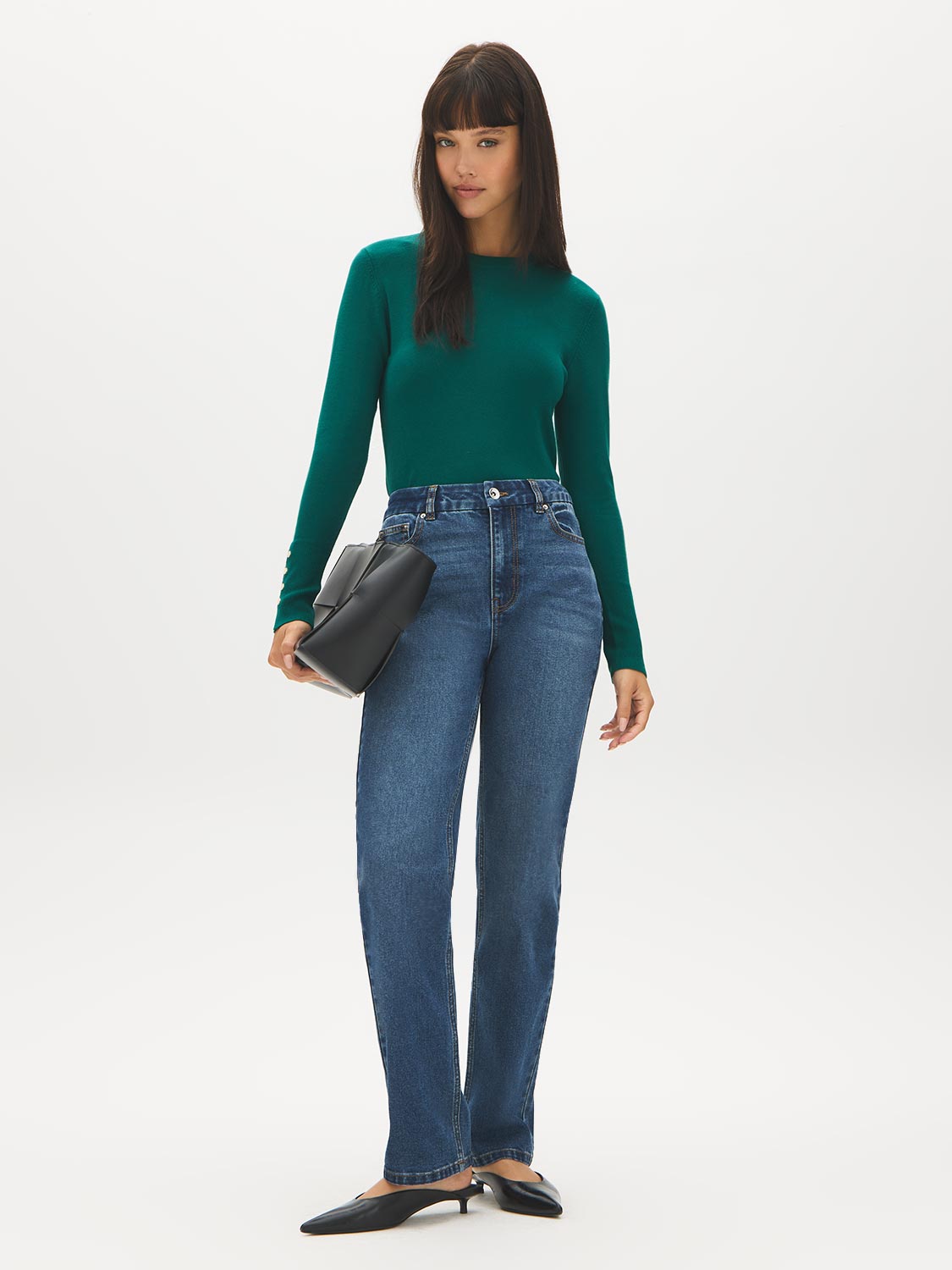 Dk Green Snap Button Sleeve Knit Sweater - Woman Wearing Crew Neck Sweater with Sleeve Detail - Suzy Shier