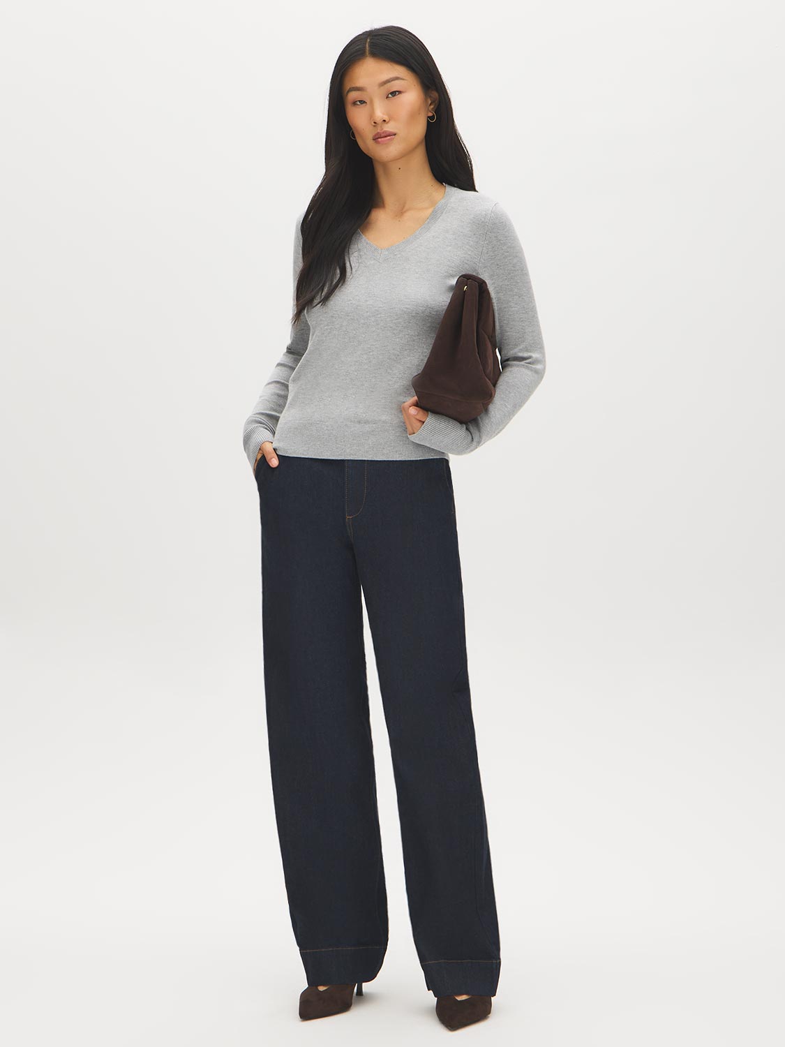 Lunar Melange V-Neck Knit Sweater with Ribbed Cuffs - Front View - Suzy Shier