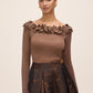 Copper Lurex Ruffle Off-Shoulder Sweater - Front View - Le Chateau