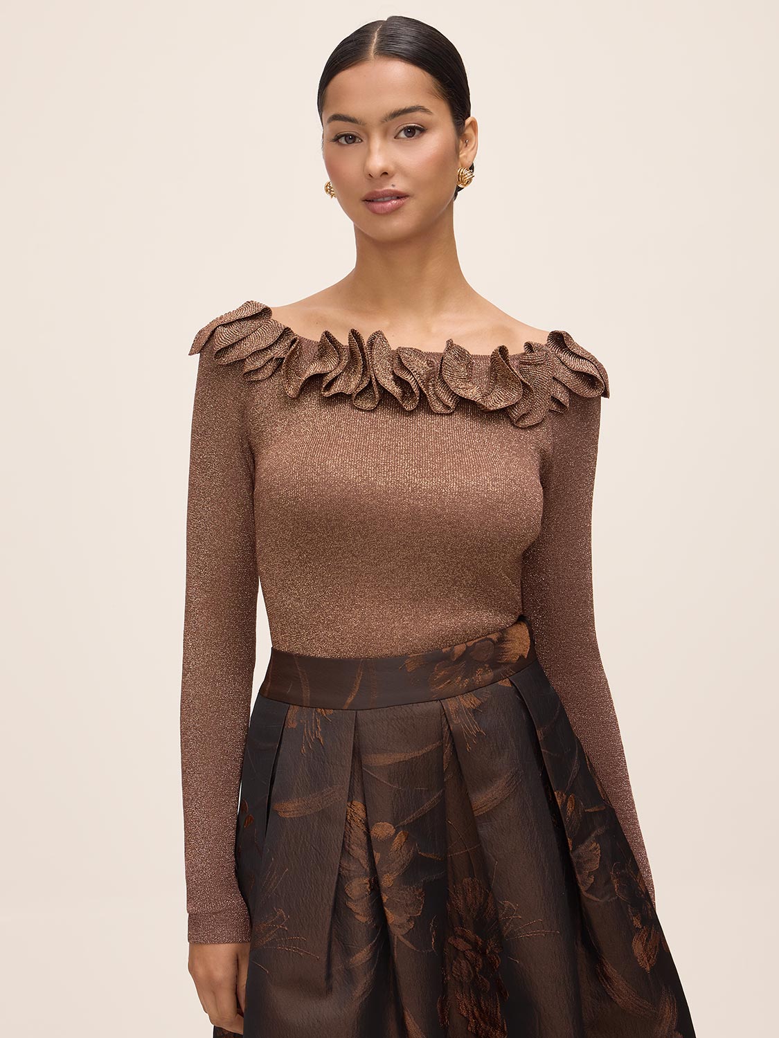 Copper Lurex Ruffle Off-Shoulder Sweater - Front View - Le Chateau