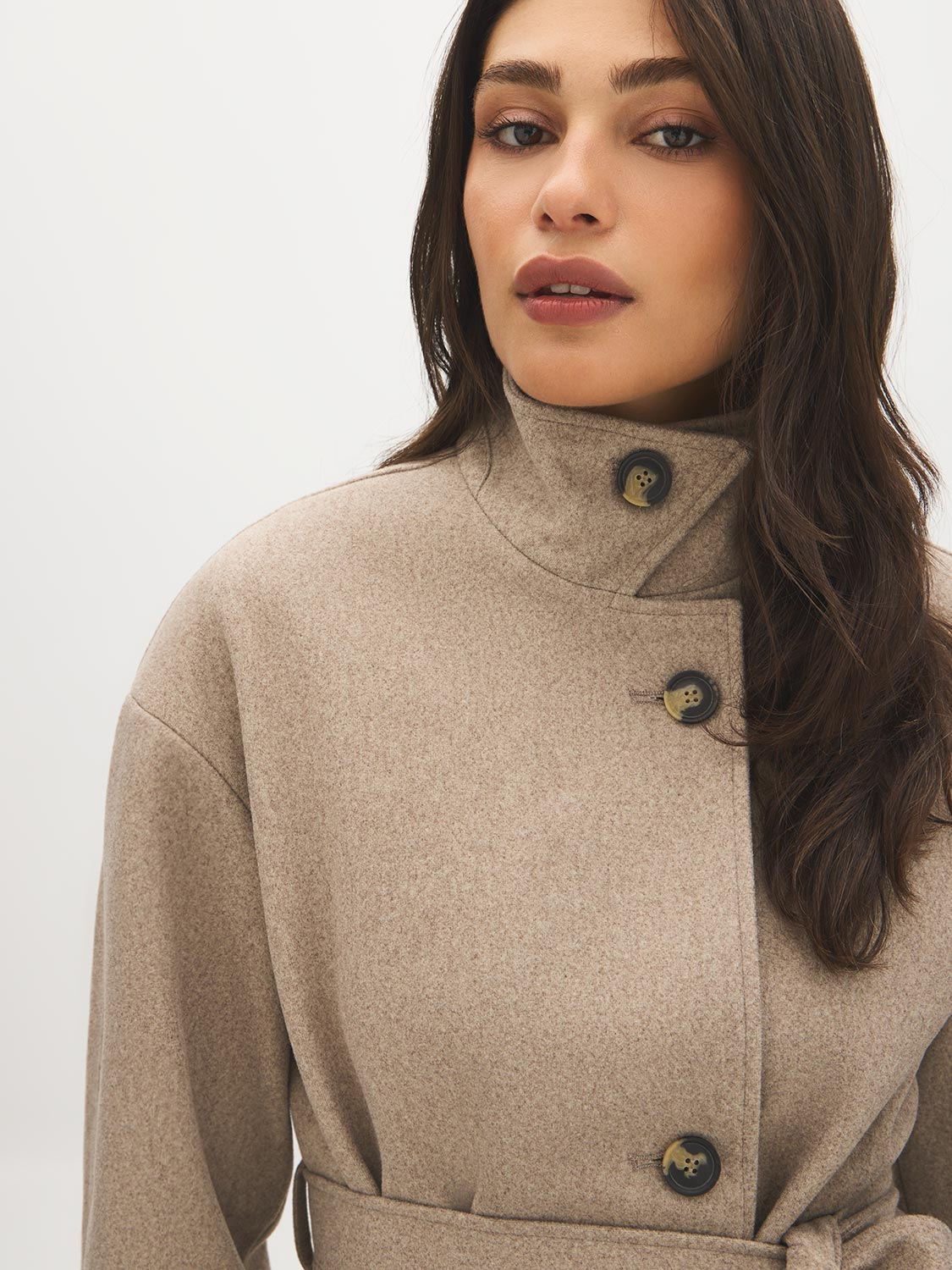 Taupe Melange Faux Wool Short Wrap Coat with Funnel Neck - Close-up Button Detail - Suzy Shier