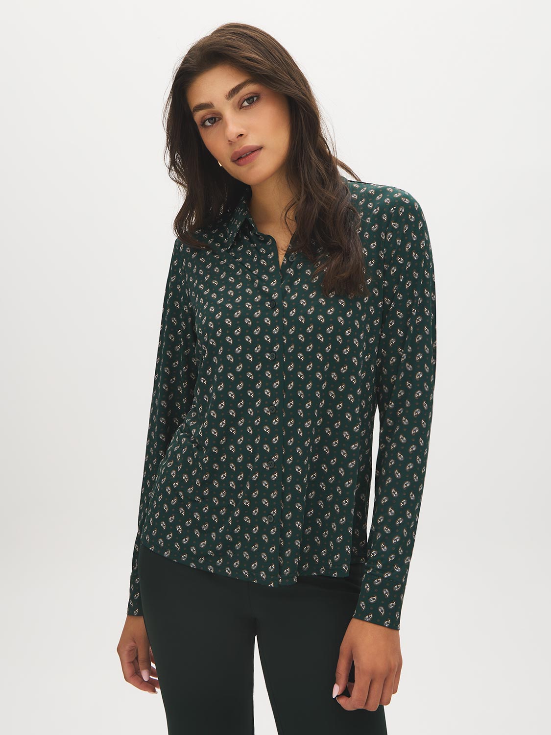 Scarab Printed Button-Up Blouse with Shirt Collar - Side Profile View - Suzy Shier