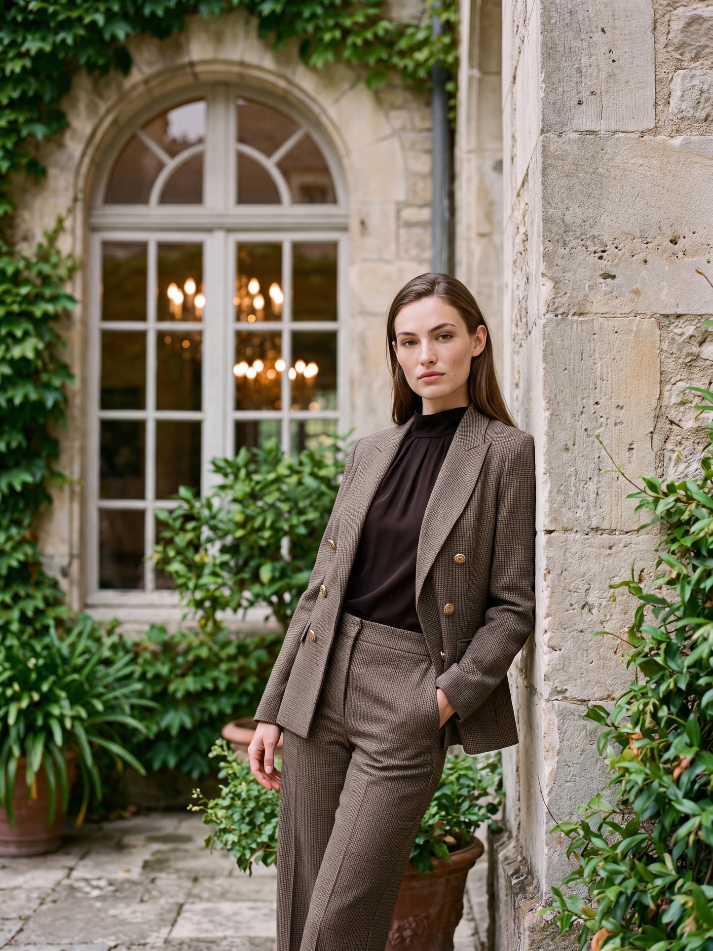 Oatmeal Check Double-Breasted Blazer - Woman Wearing Tailored Woven Jacket - Le Chateau
