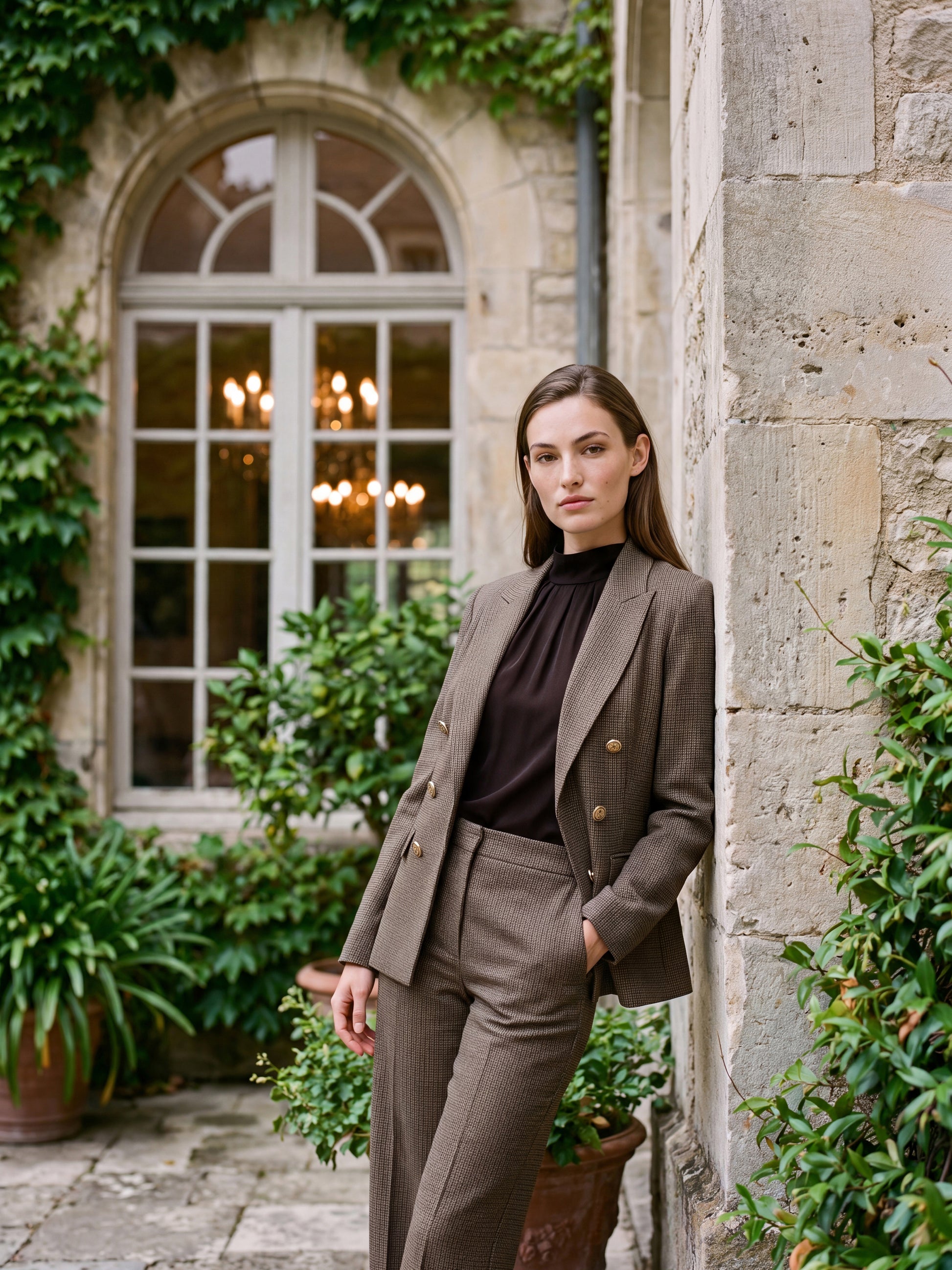 Oatmeal Check Double-Breasted Blazer - Woman Wearing Tailored Woven Jacket - Le Chateau
